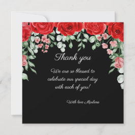 Tarjeta De Agradecimiento Elegante Boda floral negro y rojo