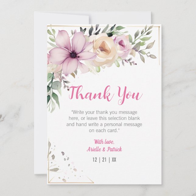 Tarjeta De Agradecimiento Elegante Boda Floral Pastel Pintura Botánica (Anverso)