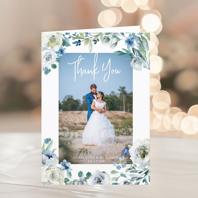 Tarjeta De Agradecimiento Elegante Boda floral Peony azul plegado (Subido por el creador)