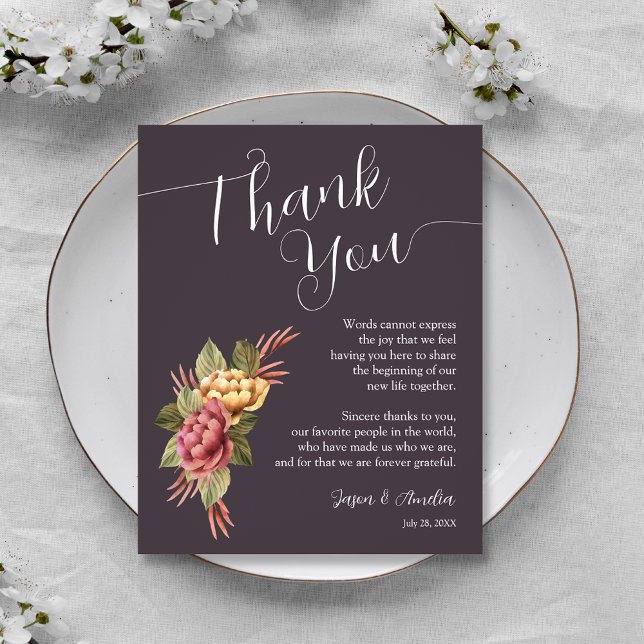Tarjeta De Agradecimiento Elegante Boda floral Plate Gracias (Terracotta Floral Wedding Reception Plate Thank You Cards)
