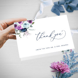 Tarjeta De Agradecimiento Elegante Boda floral púrpura y azul doblado
