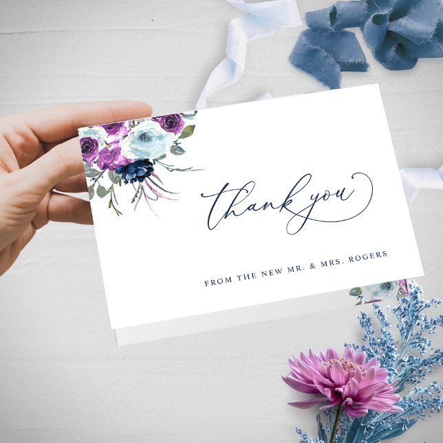 Tarjeta De Agradecimiento Elegante Boda floral púrpura y azul doblado (Subido por el creador)
