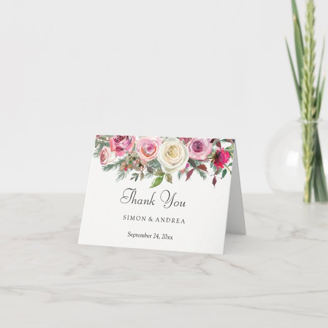 Tarjeta De Agradecimiento Elegante Boda Floral Rosa Blanca Rosa Rosada Graci (Anverso)