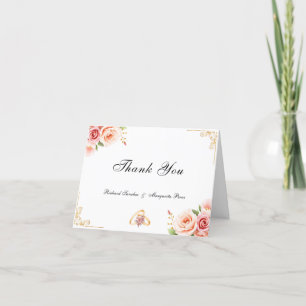 Tarjeta De Agradecimiento Elegante Boda floral rosa con borde dorado