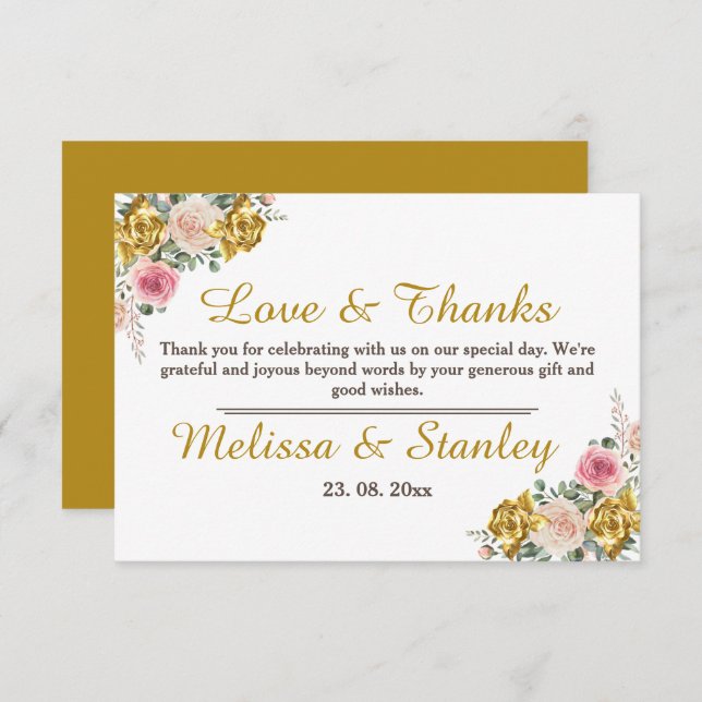 Tarjeta De Agradecimiento Elegante Boda floral rosa, dorado Rosa Eucalipto (Anverso / Reverso)