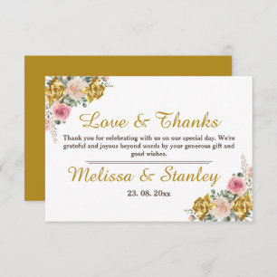 Tarjeta De Agradecimiento Elegante Boda floral rosa, dorado Rosa Eucalipto
