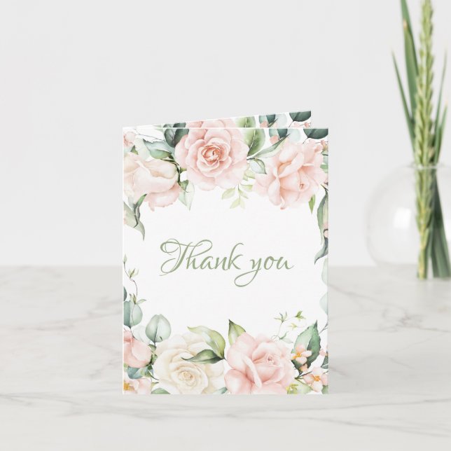 Tarjeta De Agradecimiento Elegante Boda floral rosa Sage Green Rubor (Anverso)