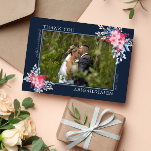 Tarjeta De Agradecimiento Elegante Boda Floral Rosa y Azul Dusto