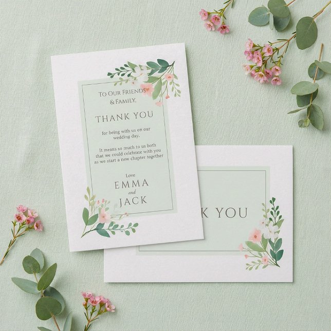 Tarjeta De Agradecimiento Elegante Boda floral rosa y verde Gracias (Elegant pink and green Floral Wedding Thank You)