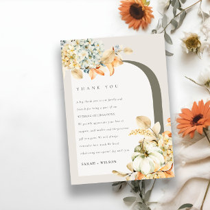 Tarjeta De Agradecimiento Elegante Boda floral rústico del arco de calabaza
