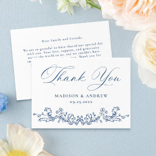 Tarjeta De Agradecimiento Elegante Boda Floral Victoriana Azul Francés