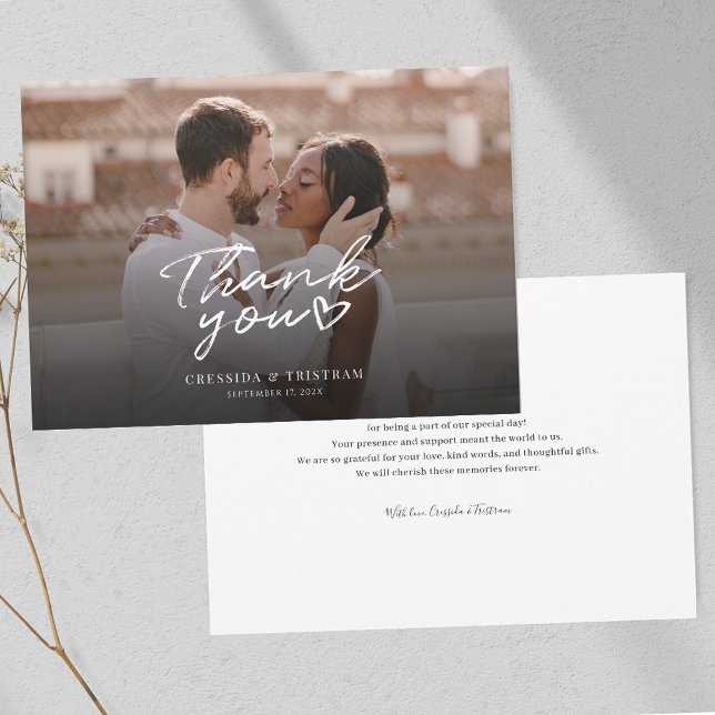 Tarjeta De Agradecimiento Elegante Boda florido a mano (Mixed Couple Photo Wedding Thank You Card)