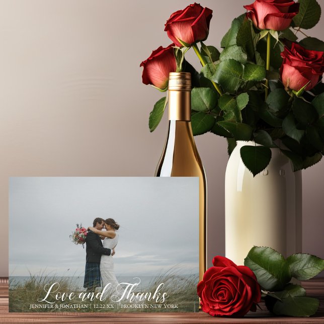 Tarjeta De Agradecimiento Elegante Boda Foto Amor y Gracias Guión Blanco (Subido por el creador)