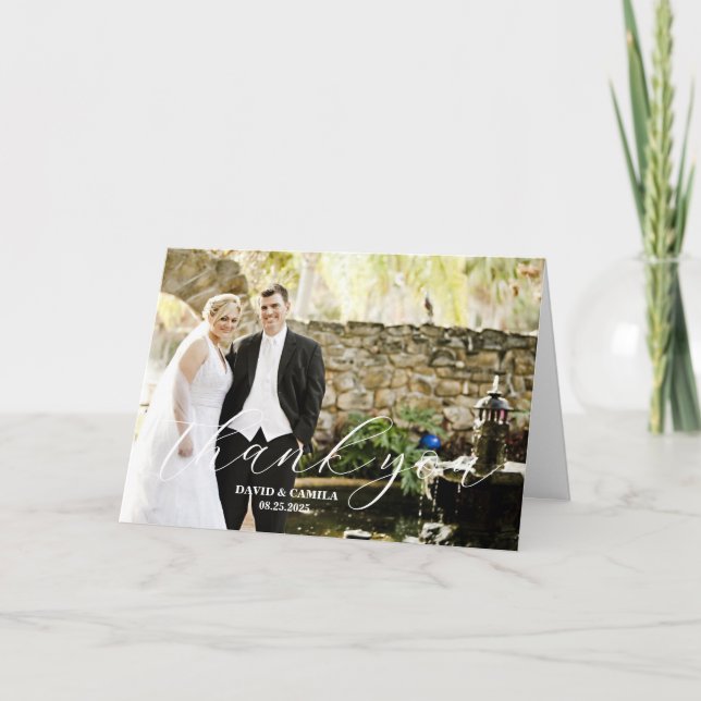 Tarjeta De Agradecimiento Elegante Boda fotográfico Beatrice Script (Anverso)
