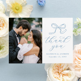 Tarjeta De Agradecimiento Elegante Boda fotográfico Blue Bow