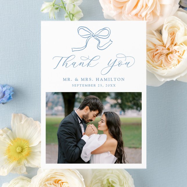 Tarjeta De Agradecimiento Elegante Boda fotográfico Blue Bow (Subido por el creador)