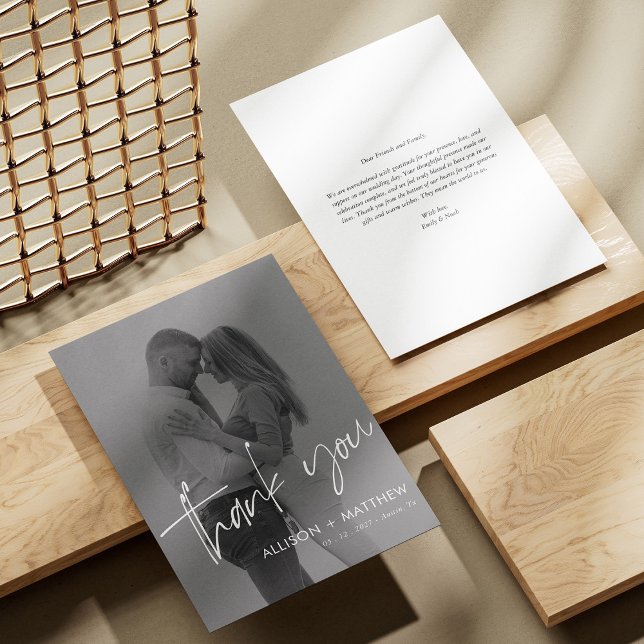 Tarjeta De Agradecimiento Elegante Boda fotográfico con guión blanco - Tarje (Personalized Elegant White Script Photo Wedding Thank You Card)