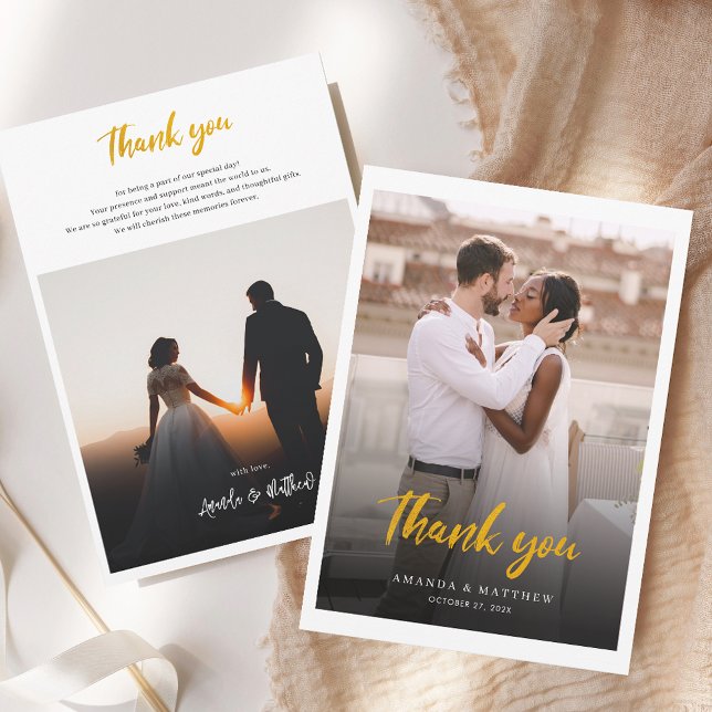 Tarjeta De Agradecimiento Elegante Boda fotográfico con letras de mano (Modern 2 Photos Wedding Thank You Card)