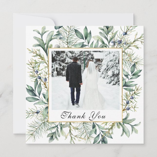Tarjeta De Agradecimiento Elegante Boda fotográfico de invierno Evergreen Eu (Anverso)