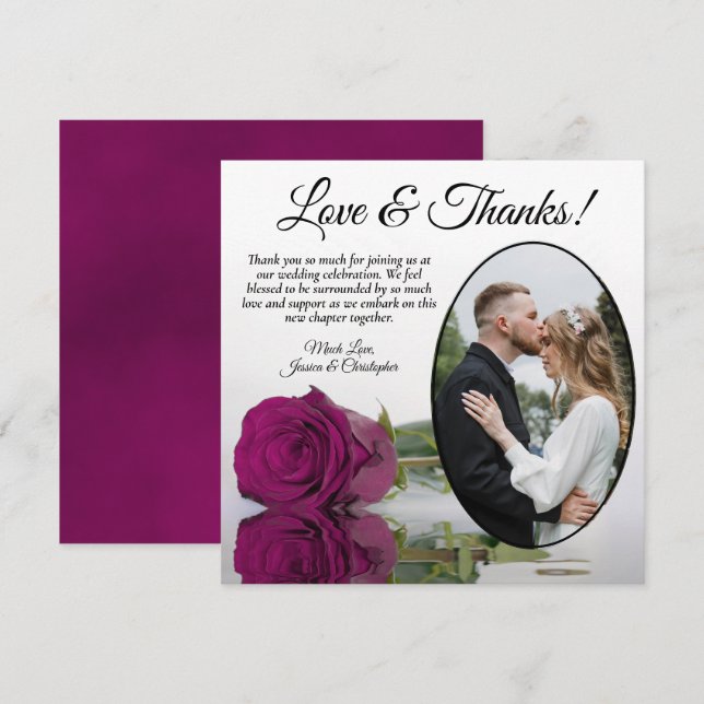Tarjeta De Agradecimiento Elegante Boda fotográfico de Rosa de Cassis o Mage (Anverso / Reverso)