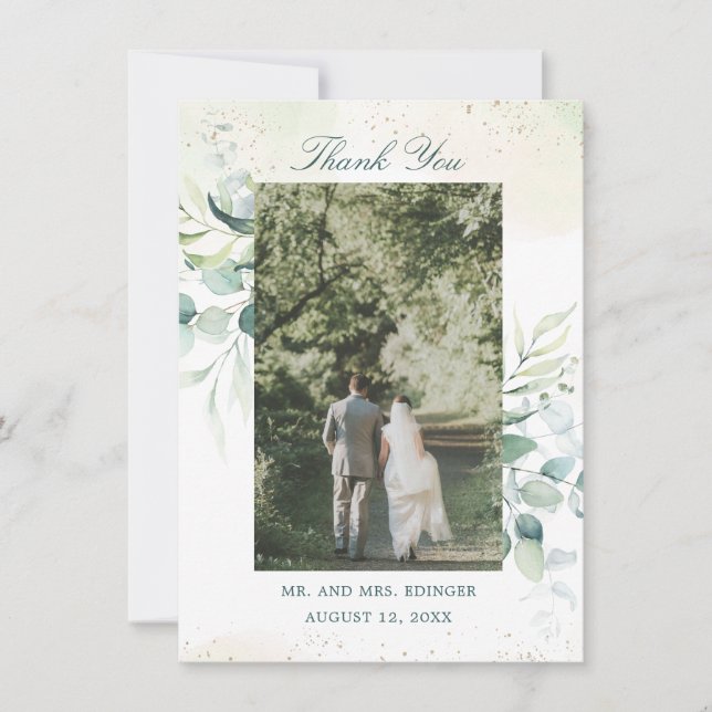 Tarjeta De Agradecimiento Elegante Boda fotográfico Eucalyptus (Anverso)