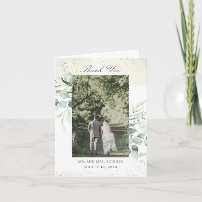 Tarjeta De Agradecimiento Elegante Boda fotográfico Eucalyptus (Anverso)