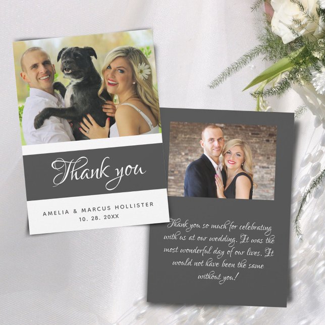 Tarjeta De Agradecimiento Elegante Boda fotográfico Gray Script 2 (Subido por el creador)