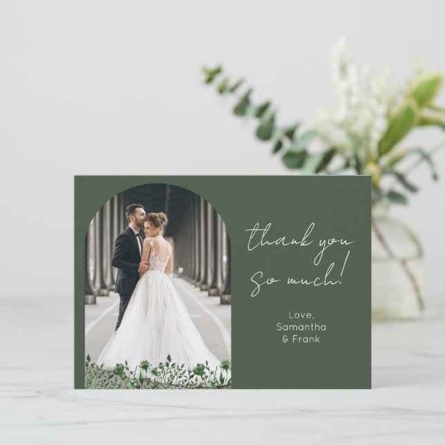 Tarjeta De Agradecimiento Elegante Boda fotográfico verde (Anverso de pie)