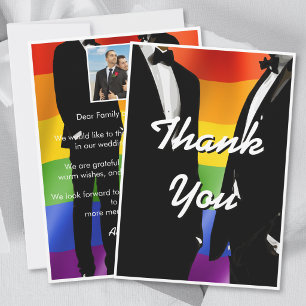 Tarjeta De Agradecimiento Elegante Boda Gay Moderno de Hombres Foto Arcoíris