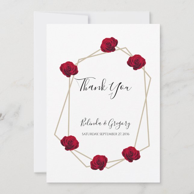 Tarjeta De Agradecimiento Elegante Boda Geométrico de Rosa Roja (Reverso)