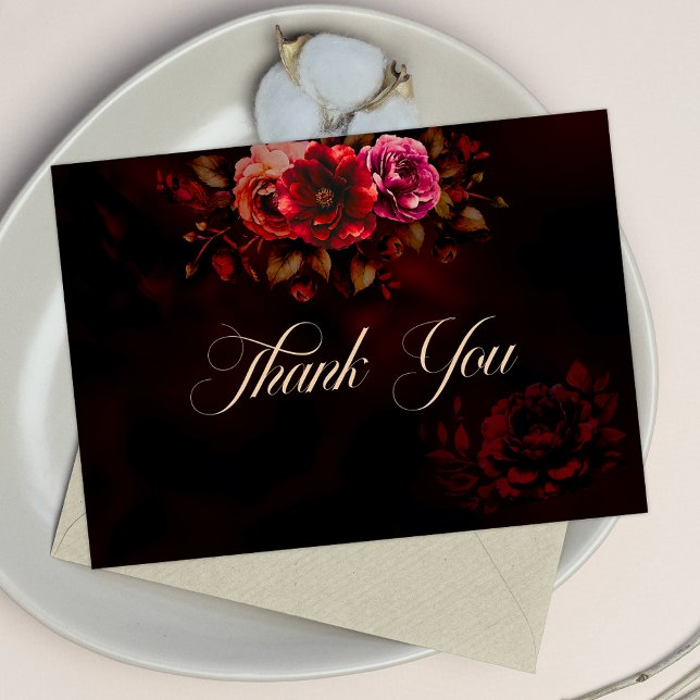 Tarjeta De Agradecimiento Elegante Boda gótico floral negro rojo (Subido por el creador)