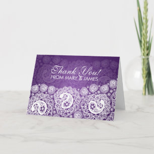 Tarjeta De Agradecimiento Elegante boda "Gracias" encaje de flores púrpura