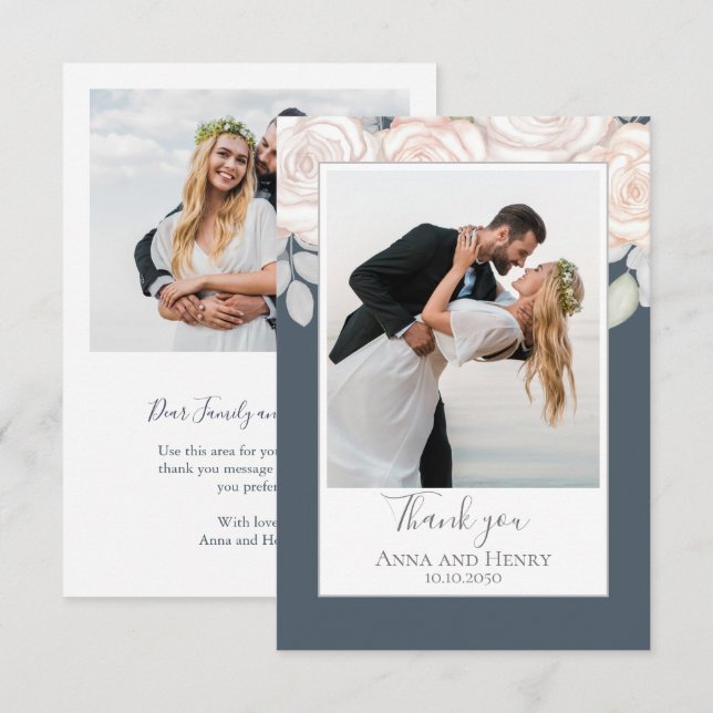 Tarjeta De Agradecimiento Elegante Boda Gracias Floral Acuarela Gris (Anverso / Reverso)