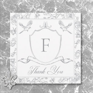 Tarjeta De Agradecimiento Elegante Boda Gray Chinoiserie Bird & Escudo