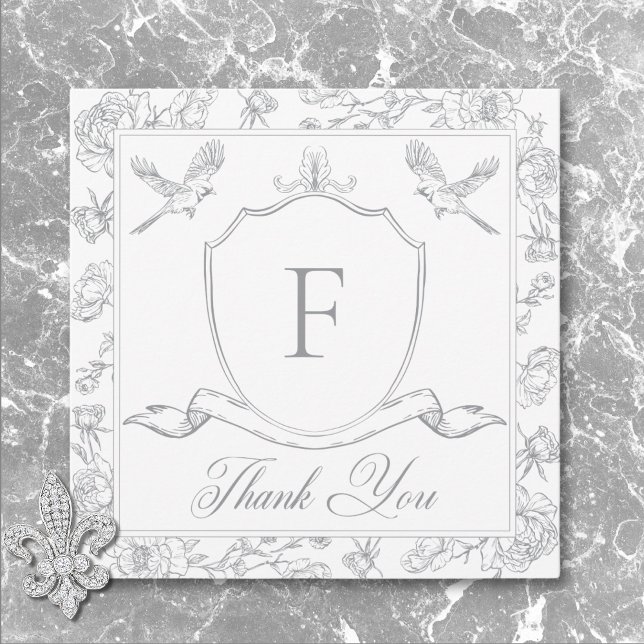 Tarjeta De Agradecimiento Elegante Boda Gray Chinoiserie Bird & Escudo (Elegant Gray Chinoiserie Bird & Crest Wedding Thank You Card)