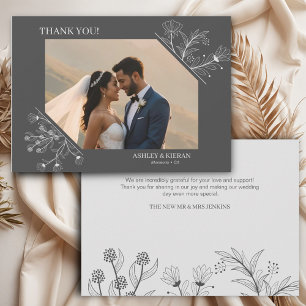 Tarjeta De Agradecimiento Elegante Boda Gris de Humo Floral