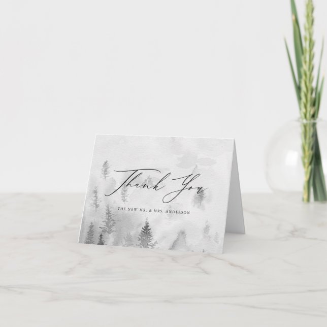 Tarjeta De Agradecimiento Elegante Boda Gris Winter Forest (Anverso)