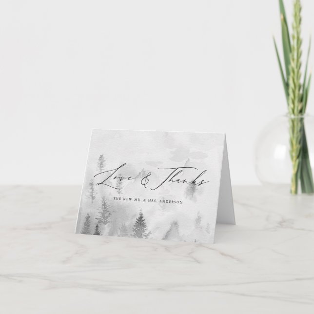 Tarjeta De Agradecimiento Elegante Boda Gris Winter Forest Love & Gracias (Anverso)