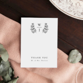 Tarjeta De Agradecimiento Elegante Boda inicial de hoja botánica monograma