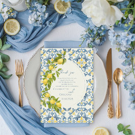 Tarjeta De Agradecimiento Elegante Boda italiano de limón azul en mosaico