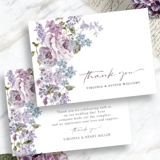 Tarjeta De Agradecimiento Elegante Boda Lilac (Elegant Lilac Floral Wedding Thank You Card by Painted Paperie
)