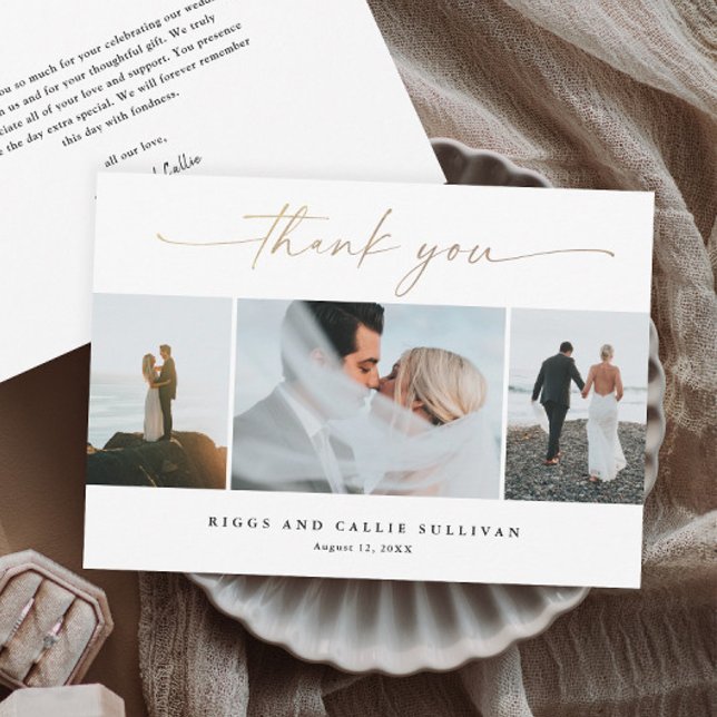 Tarjeta De Agradecimiento Elegante Boda manuscrita de escritura dorada (Elegant handwritten gold script wedding photo thank you cards.)