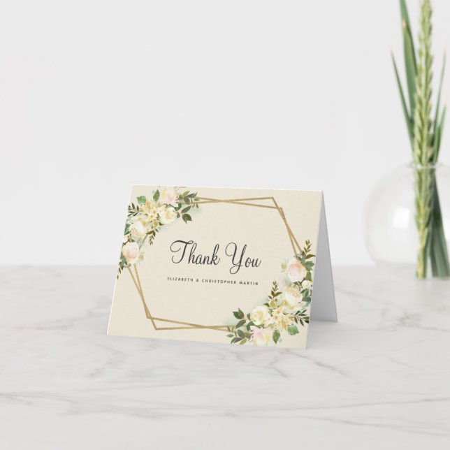 Tarjeta De Agradecimiento Elegante Boda Marco dorado Rosa Floral acuarela (Anverso)