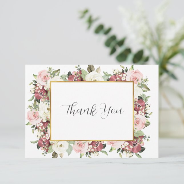 Tarjeta De Agradecimiento Elegante Boda Mauve Pink Florals Blank (Anverso de pie)