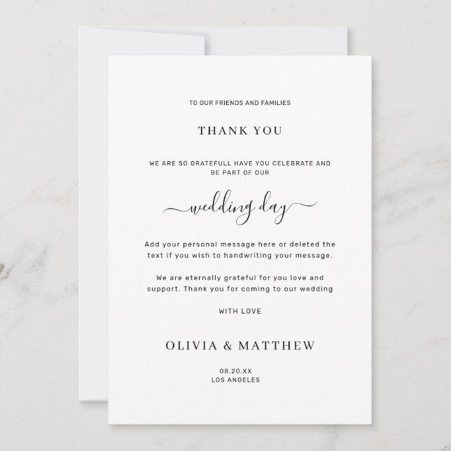 Tarjeta De Agradecimiento Elegante Boda Minimalista clásico blanco (Anverso)