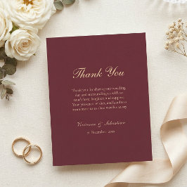 Tarjeta De Agradecimiento Elegante Boda Minimalista con Guión de Oro Borgoña
