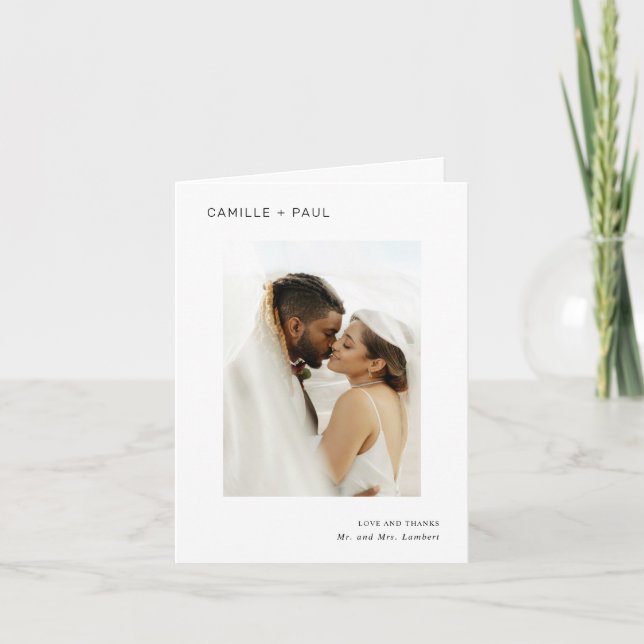 Tarjeta De Agradecimiento Elegante Boda Minimalista de fotografías en blanco (Anverso)