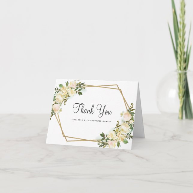 Tarjeta De Agradecimiento Elegante Boda Moda Marco dorado Rosa Floral (Anverso)