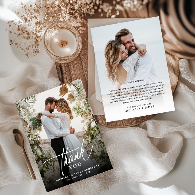 Tarjeta De Agradecimiento Elegante Boda moderno de 2 fotografías (Subido por el creador)
