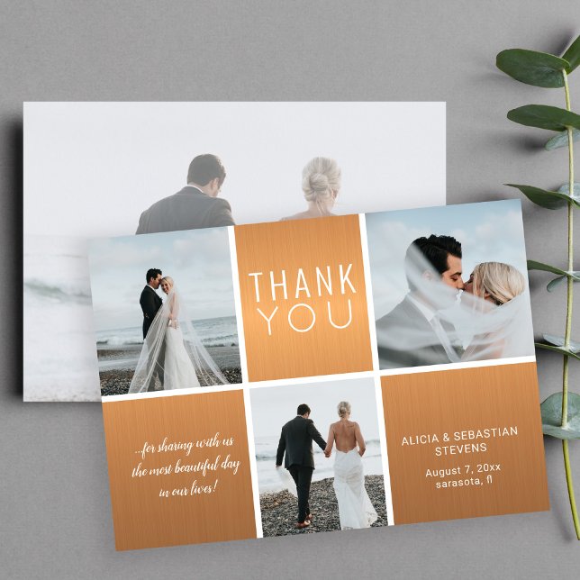Tarjeta De Agradecimiento Elegante boda moderno de collage de fotos de oro 4 (Subido por el creador)